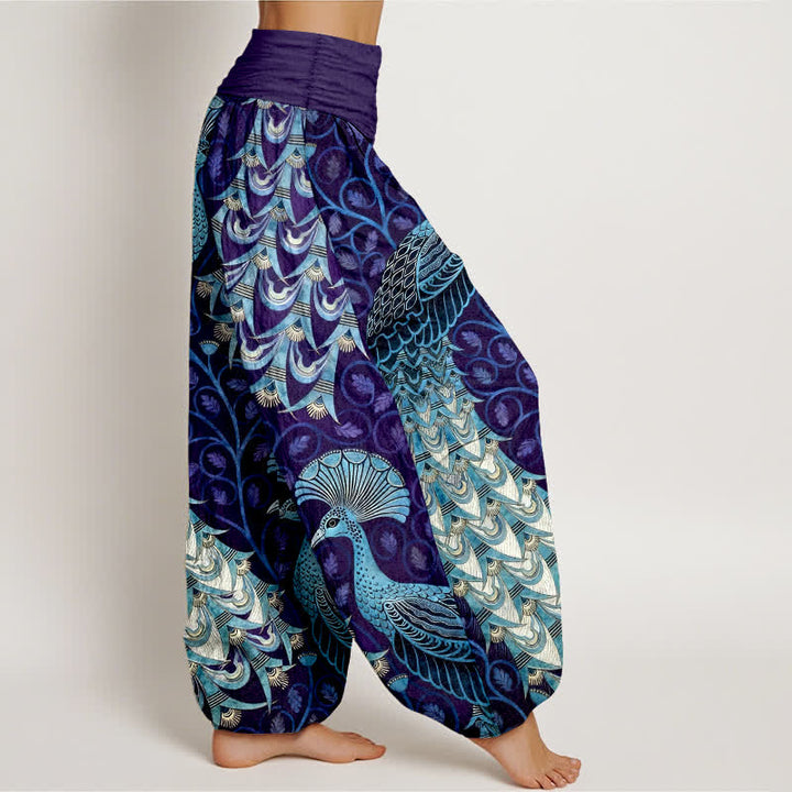 Buddha Stones Pantalon harem pour femme en pur coton à motif de plumes de paon et de vigne, taille élastique - image 10