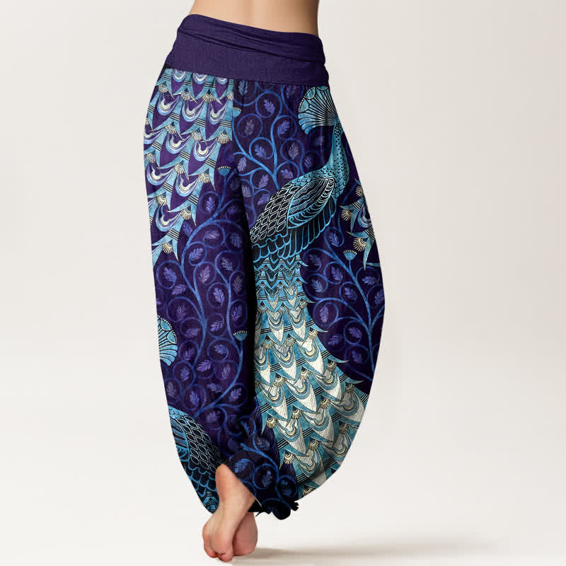 Buddha Stones Pantalon harem pour femme en pur coton à motif de plumes de paon et de vigne, taille élastique - image 9