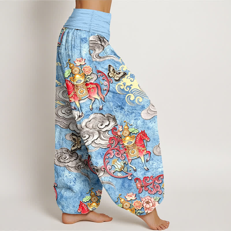 Buddha Stones Pantalon harem pour femme en pur coton, motif nuages ​​porte-bonheur, chevaux et fleurs, taille élastique - image 2