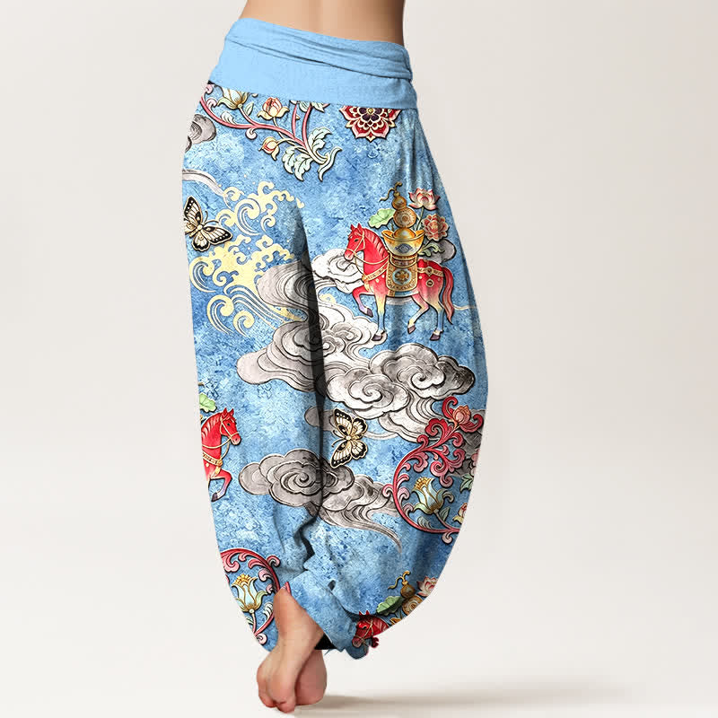 Buddha Stones Pantalon harem pour femme en pur coton, motif nuages ​​porte-bonheur, chevaux et fleurs, taille élastique - image 1