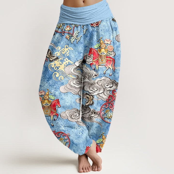 Buddha Stones Pantalon harem pour femme en pur coton, motif nuages ​​porte-bonheur, chevaux et fleurs, taille élastique - Bleu poudré - US16，UK/AU20，EU48 (3XL) - image 0