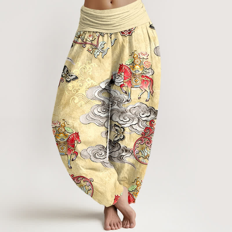 Buddha Stones Pantalon harem pour femme en pur coton, motif nuages ​​porte-bonheur, chevaux et fleurs, taille élastique - LemonChiffon - US16，UK/AU20，EU48 (3XL) - image 5