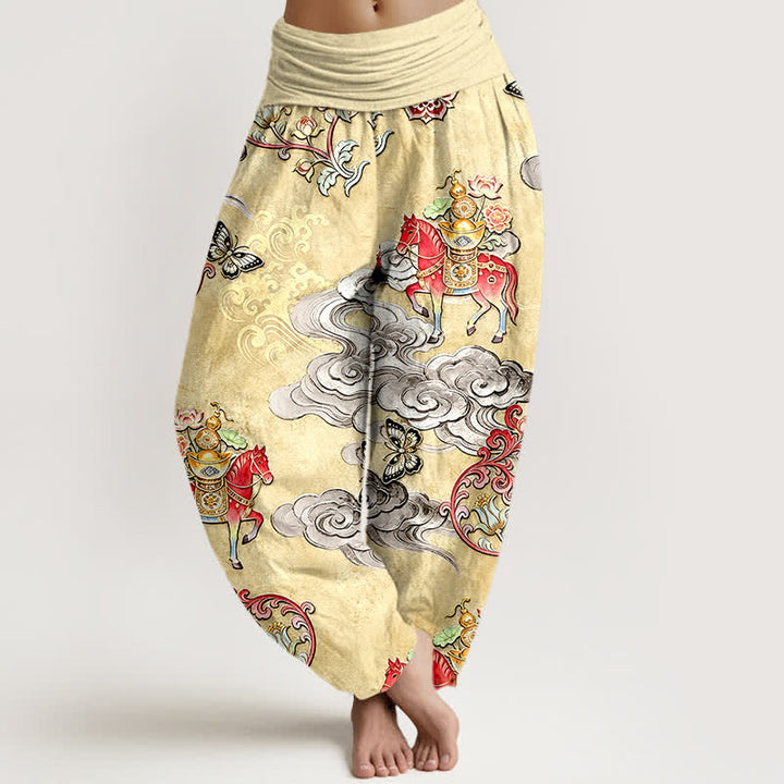 Buddha Stones Pantalon harem pour femme en pur coton, motif nuages ​​porte-bonheur, chevaux et fleurs, taille élastique - LemonChiffon - US16，UK/AU20，EU48 (3XL) - image 5