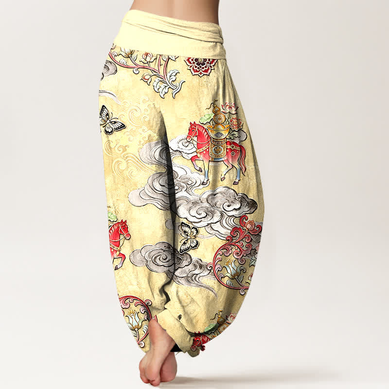 Buddha Stones Pantalon harem pour femme en pur coton, motif nuages ​​porte-bonheur, chevaux et fleurs, taille élastique - image 6