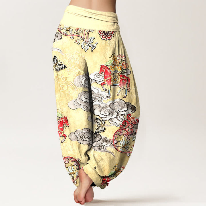 Buddha Stones Pantalon harem pour femme en pur coton, motif nuages ​​porte-bonheur, chevaux et fleurs, taille élastique - image 6