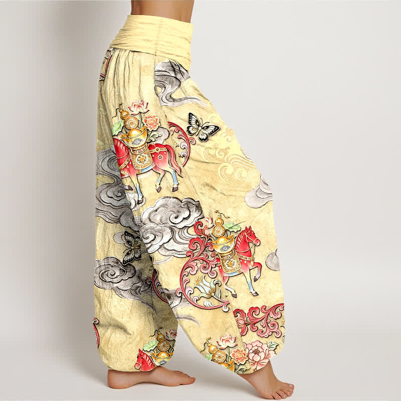 Buddha Stones Pantalon harem pour femme en pur coton, motif nuages ​​porte-bonheur, chevaux et fleurs, taille élastique - image 7
