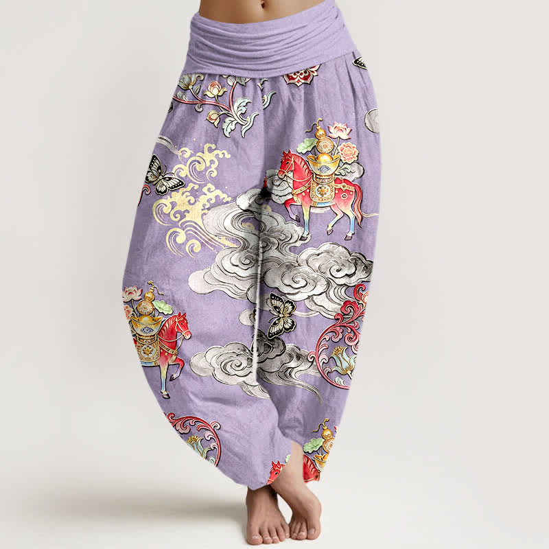 Buddha Stones Pantalon harem pour femme en pur coton, motif nuages ​​porte-bonheur, chevaux et fleurs, taille élastique - Lavande - US16，UK/AU20，EU48 (3XL) - image 8
