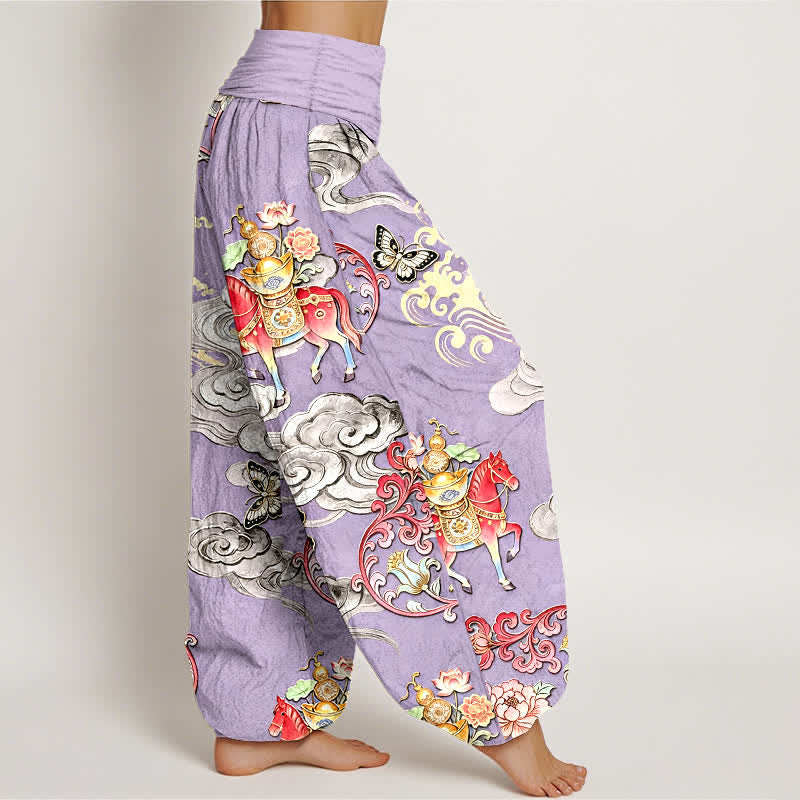 Buddha Stones Pantalon harem pour femme en pur coton, motif nuages ​​porte-bonheur, chevaux et fleurs, taille élastique - image 10