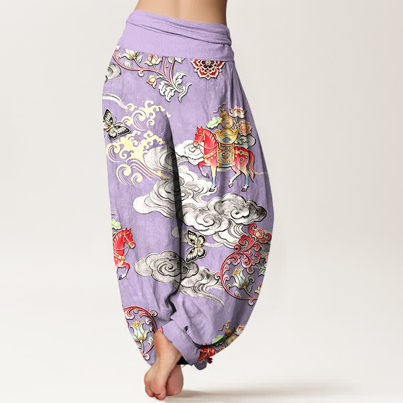 Buddha Stones Pantalon harem pour femme en pur coton, motif nuages ​​porte-bonheur, chevaux et fleurs, taille élastique - image 9