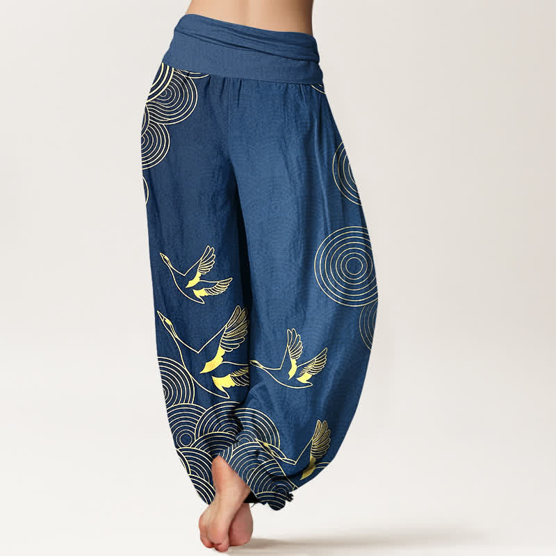 Buddha Stones Pantalon harem à taille élastique pour femme, motif oiseau doré en coton et cercles - image 1
