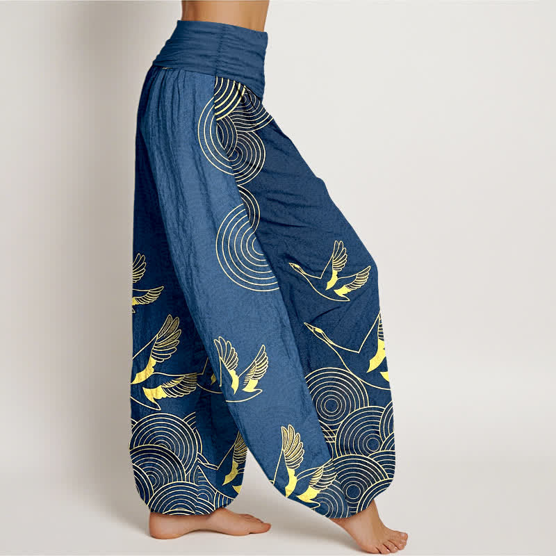 Buddha Stones Pantalon harem à taille élastique pour femme, motif oiseau doré en coton et cercles - image 2