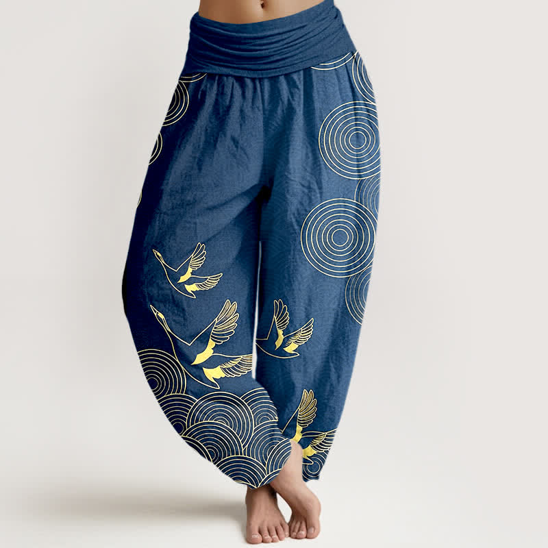 Buddha Stones Pantalon harem à taille élastique pour femme, motif oiseau doré en coton et cercles - SteelBlue - US16，UK/AU20，EU48 (3XL) - image 0