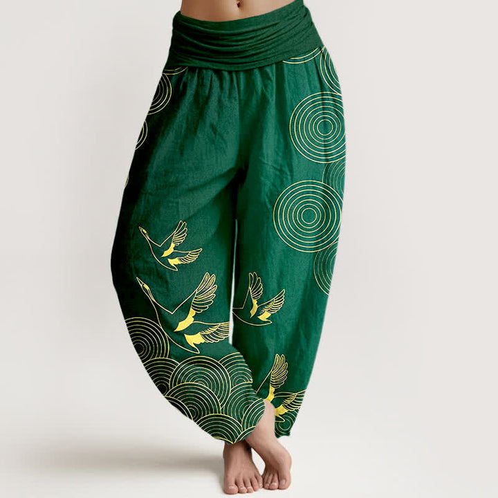 Buddha Stones Pantalon harem à taille élastique pour femme, motif oiseau doré en coton et cercles - Vert forêt - US16，UK/AU20，EU48 (3XL) - image 5