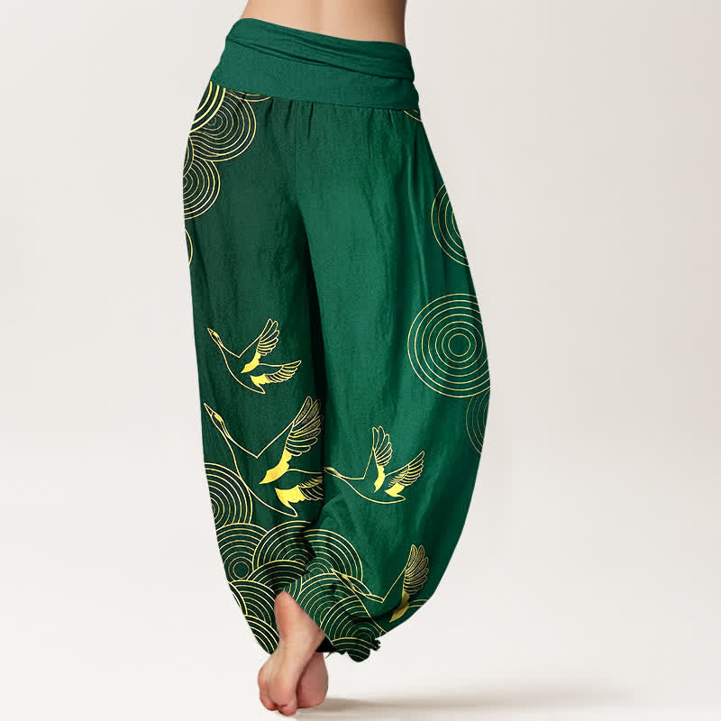 Buddha Stones Pantalon harem à taille élastique pour femme, motif oiseau doré en coton et cercles - image 6