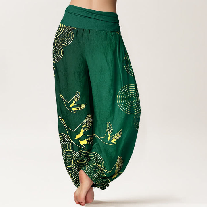 Buddha Stones Pantalon harem à taille élastique pour femme, motif oiseau doré en coton et cercles - image 6