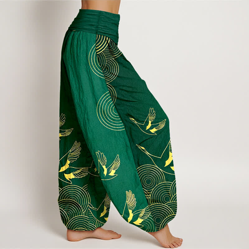 Buddha Stones Pantalon harem à taille élastique pour femme, motif oiseau doré en coton et cercles - image 7