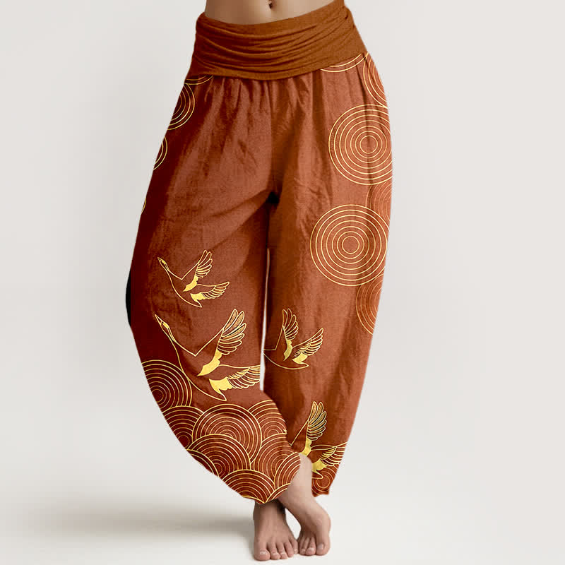 Buddha Stones Pantalon harem à taille élastique pour femme, motif oiseau doré en coton et cercles - Terre de sienne - US16，UK/AU20，EU48 (3XL) - image 8