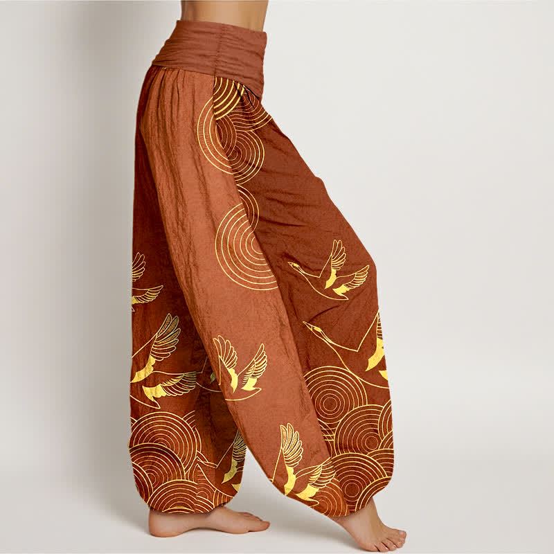 Buddha Stones Pantalon harem à taille élastique pour femme, motif oiseau doré en coton et cercles - image 10