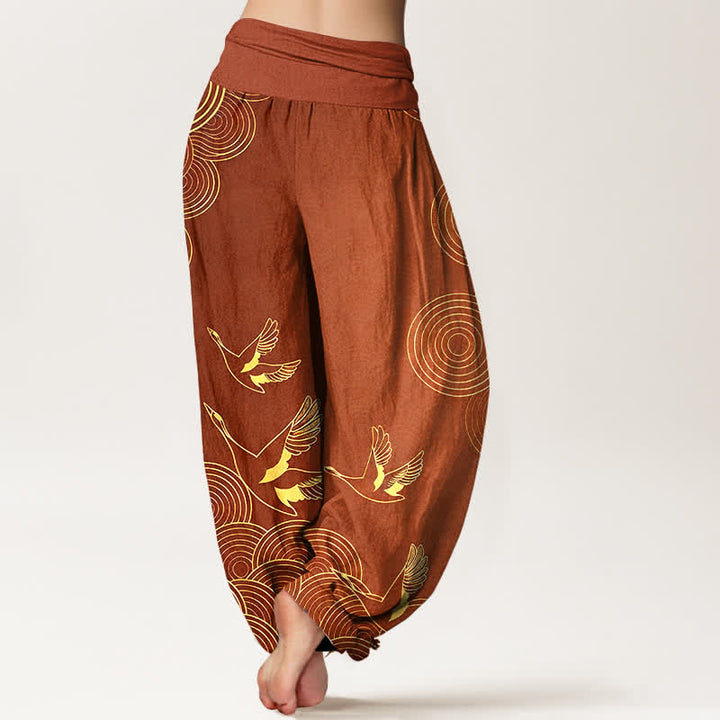 Buddha Stones Pantalon harem à taille élastique pour femme, motif oiseau doré en coton et cercles - image 9