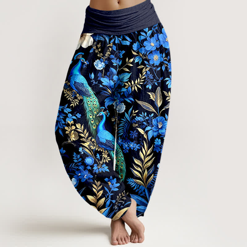 Buddha Stones Pantalon harem pour femme en pur coton, motif floral paon turquoise, taille élastique - Noir - US16，UK/AU20，EU48 (3XL) - image 0