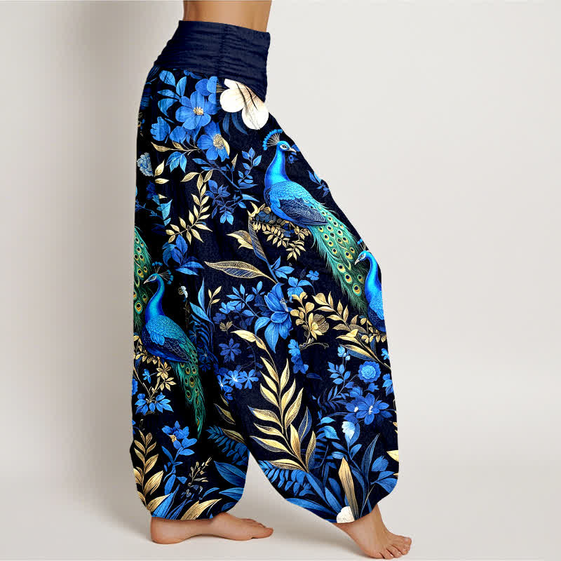 Buddha Stones Pantalon harem pour femme en pur coton, motif floral paon turquoise, taille élastique - image 2