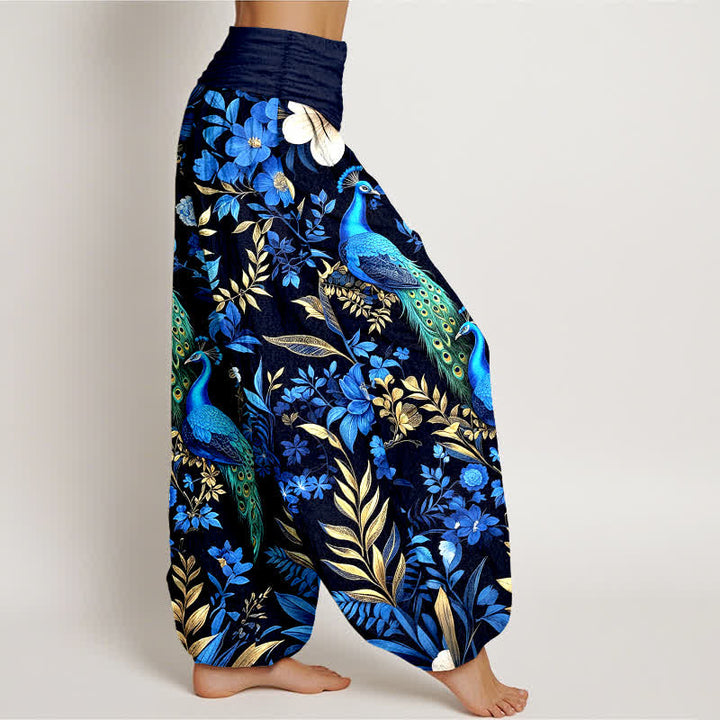 Buddha Stones Pantalon harem pour femme en pur coton, motif floral paon turquoise, taille élastique - image 2