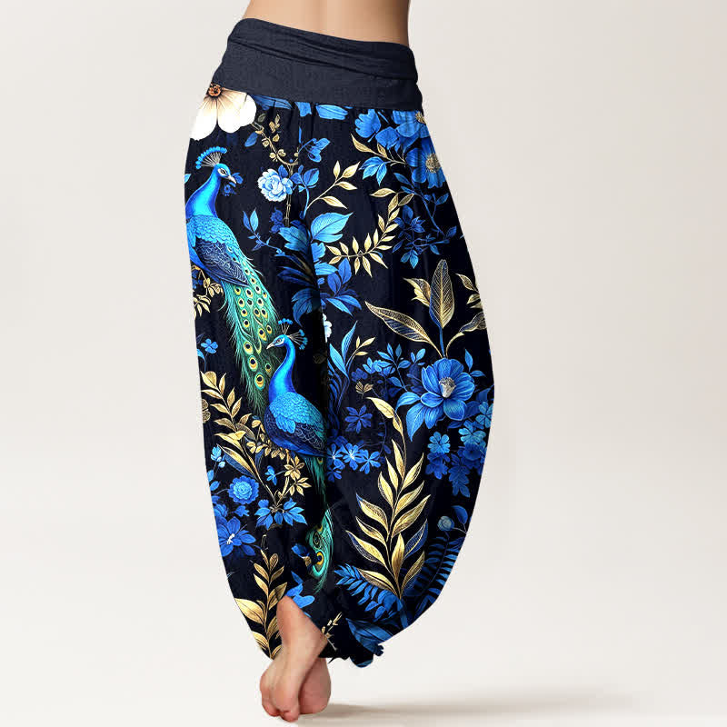 Buddha Stones Pantalon harem pour femme en pur coton, motif floral paon turquoise, taille élastique - image 1
