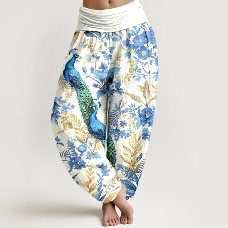 Buddha Stones Pantalon harem pour femme en pur coton, motif floral paon turquoise, taille élastique - Blanc - US16，UK/AU20，EU48 (3XL) - image 5