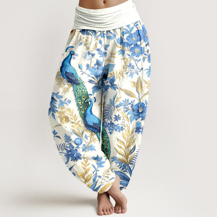 Buddha Stones Pantalon harem pour femme en pur coton, motif floral paon turquoise, taille élastique - Blanc - US16，UK/AU20，EU48 (3XL) - image 5