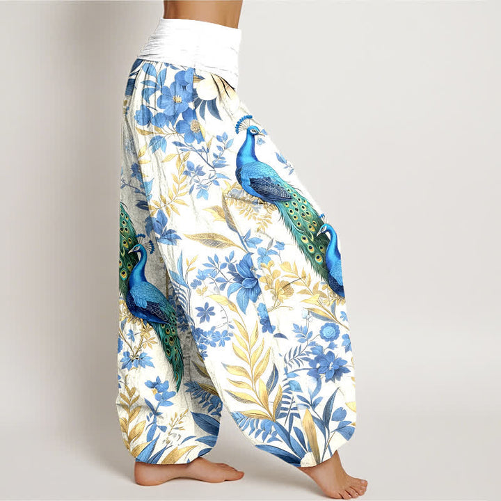 Buddha Stones Pantalon harem pour femme en pur coton, motif floral paon turquoise, taille élastique - image 7