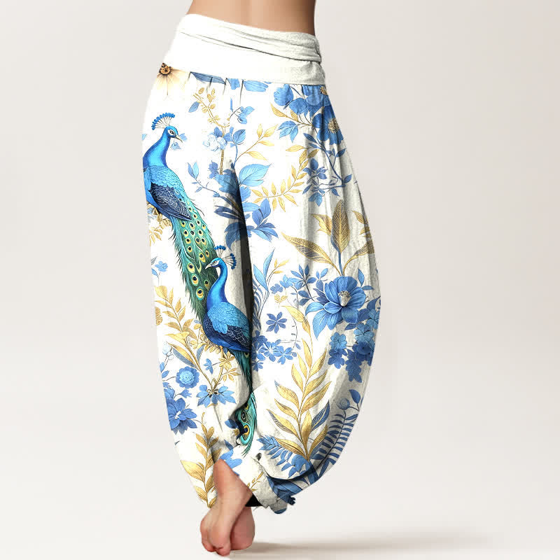 Buddha Stones Pantalon harem pour femme en pur coton, motif floral paon turquoise, taille élastique - image 6