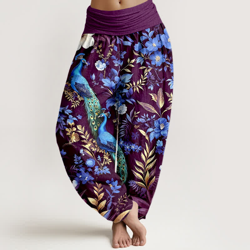 Buddha Stones Pantalon harem pour femme en pur coton, motif floral paon turquoise, taille élastique - Violet - US16，UK/AU20，EU48 (3XL) - image 8