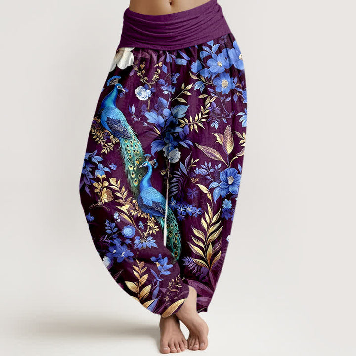 Buddha Stones Pantalon harem pour femme en pur coton, motif floral paon turquoise, taille élastique - Violet - US16，UK/AU20，EU48 (3XL) - image 8