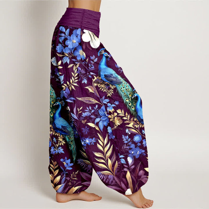 Buddha Stones Pantalon harem pour femme en pur coton, motif floral paon turquoise, taille élastique - image 10
