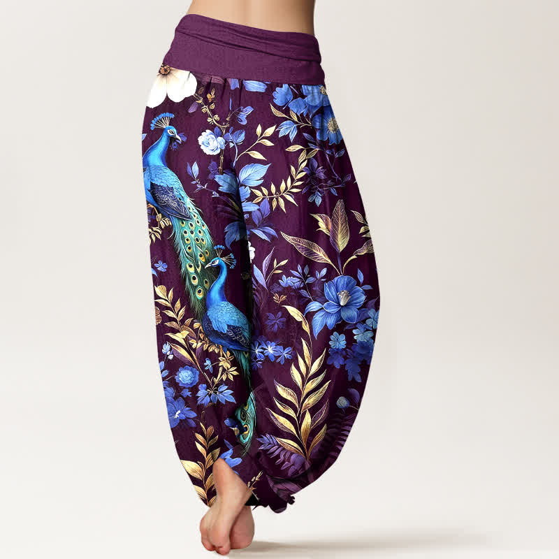 Buddha Stones Pantalon harem pour femme en pur coton, motif floral paon turquoise, taille élastique - image 9