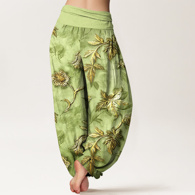 Buddha Stones Pantalon harem à taille élastique en coton à motif botanique de feuilles pour femme - image 1
