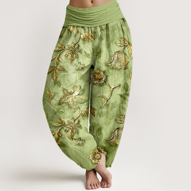 Buddha Stones Pantalon harem à taille élastique en coton à motif botanique de feuilles pour femme - Vert clair - US16，UK/AU20，EU48 (3XL) - image 0