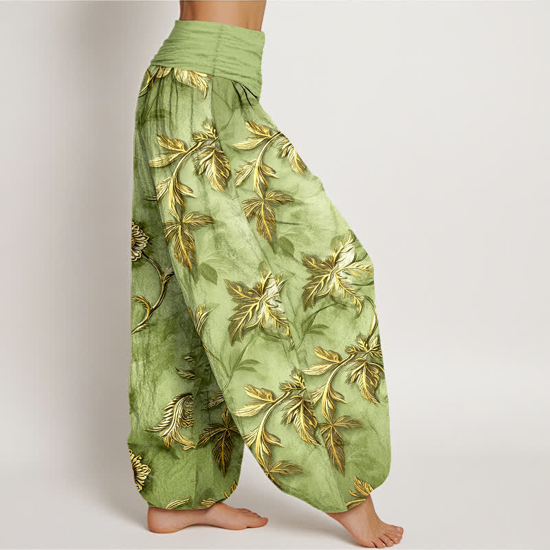Buddha Stones Pantalon harem à taille élastique en coton à motif botanique de feuilles pour femme - image 2