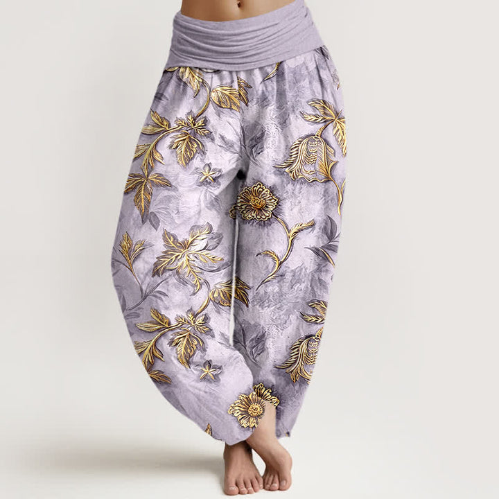 Buddha Stones Pantalon harem à taille élastique en coton à motif botanique de feuilles pour femme - Lavande - US16，UK/AU20，EU48 (3XL) - image 5