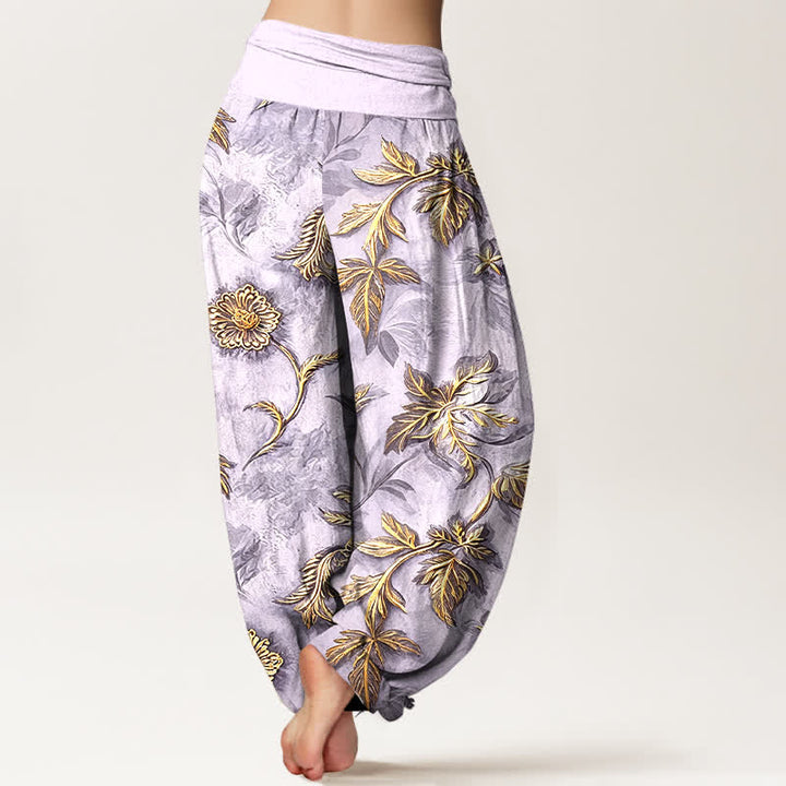 Buddha Stones Pantalon harem à taille élastique en coton à motif botanique de feuilles pour femme - image 6
