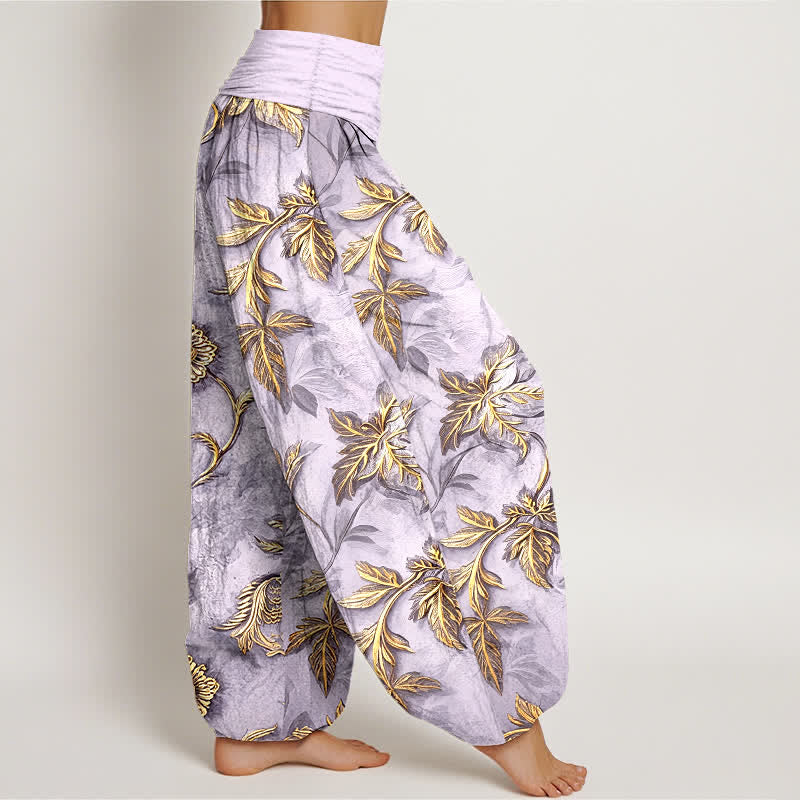 Buddha Stones Pantalon harem à taille élastique en coton à motif botanique de feuilles pour femme - image 7