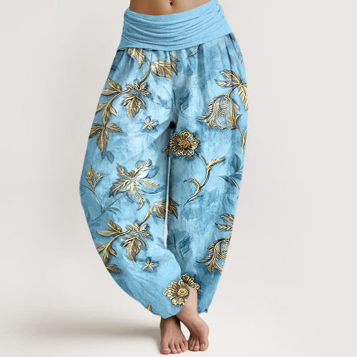 Buddha Stones Pantalon harem à taille élastique en coton à motif botanique de feuilles pour femme - Bleu poudré - US16，UK/AU20，EU48 (3XL) - image 8
