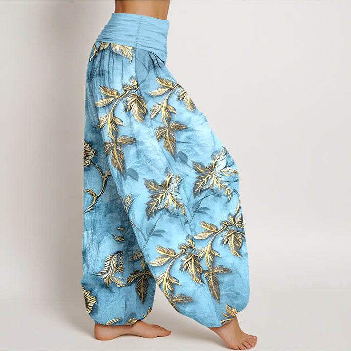 Buddha Stones Pantalon harem à taille élastique en coton à motif botanique de feuilles pour femme - image 10