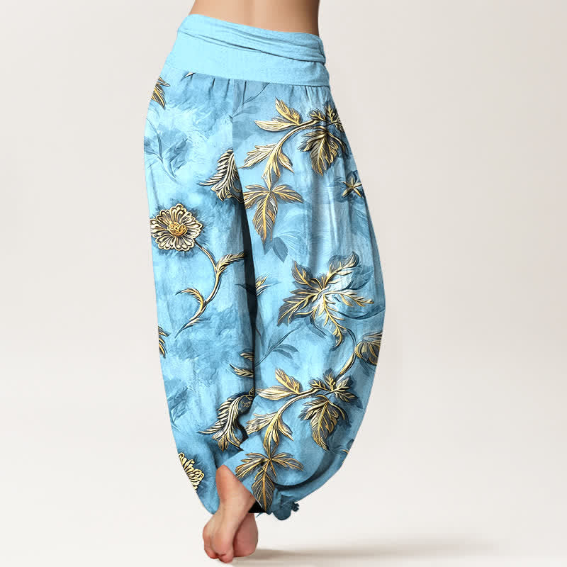 Buddha Stones Pantalon harem à taille élastique en coton à motif botanique de feuilles pour femme - image 9
