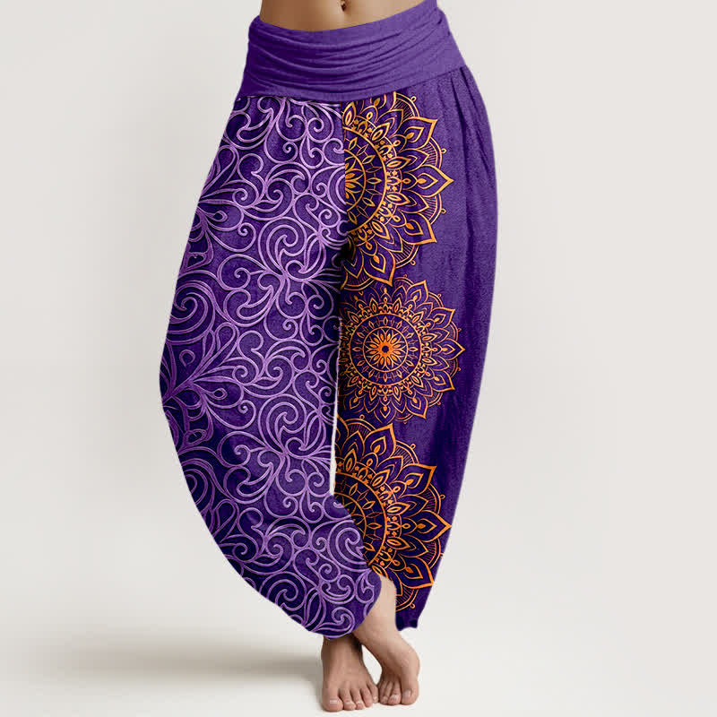 Buddha Stones Pantalon harem pour femme en pur coton à motif floral mandala doré et taille élastique - Violet - US16，UK/AU20，EU48 (3XL) - image 0