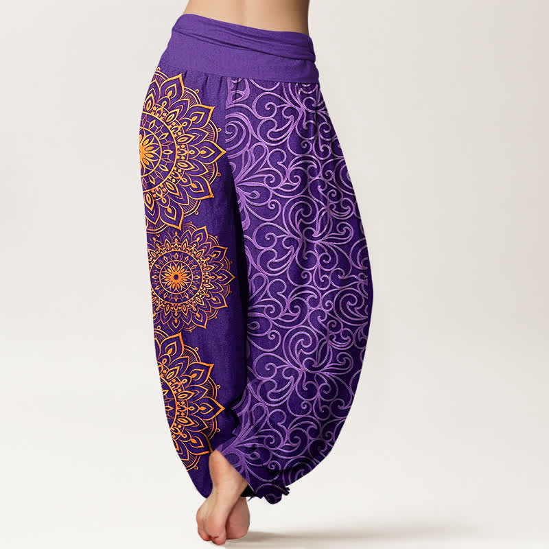 Buddha Stones Pantalon harem pour femme en pur coton à motif floral mandala doré et taille élastique - image 1