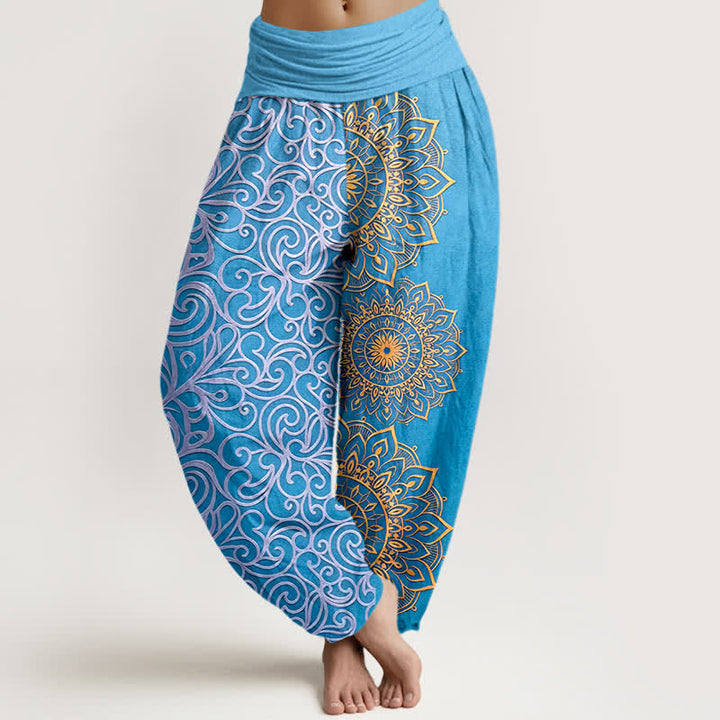 Buddha Stones Pantalon harem pour femme en pur coton à motif floral mandala doré et taille élastique - Turquoise - US16，UK/AU20，EU48 (3XL) - image 5