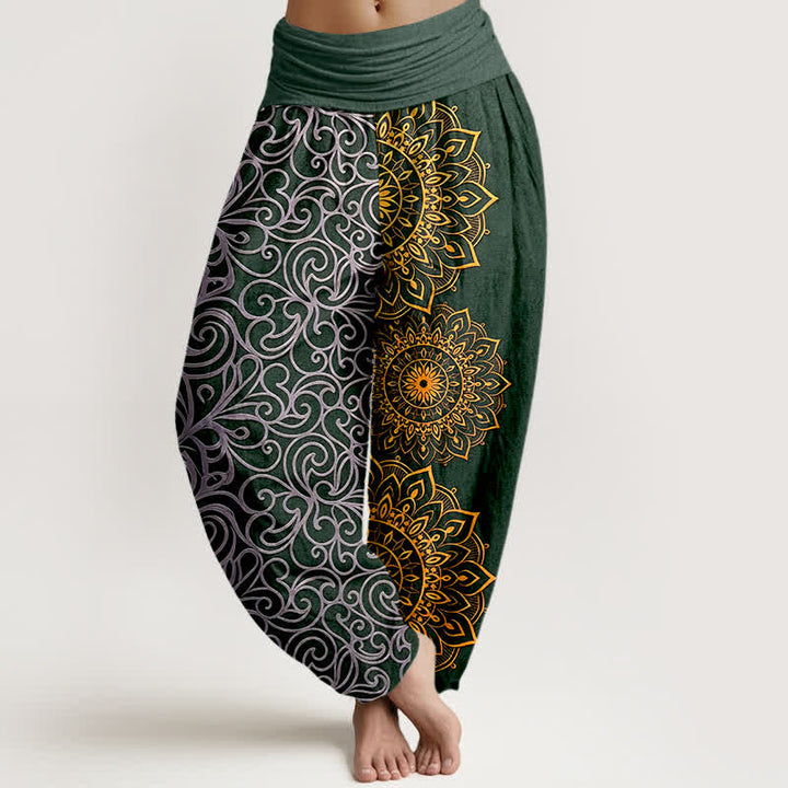 Buddha Stones Pantalon harem pour femme en pur coton à motif floral mandala doré et taille élastique - Vert forêt - US16，UK/AU20，EU48 (3XL) - image 8