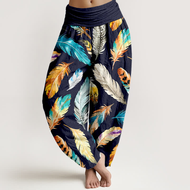 Buddha Stones Pantalon harem pour femme en pur coton à motif de plumes colorées et taille élastique - Marine - US16，UK/AU20，EU48 (3XL) - image 0