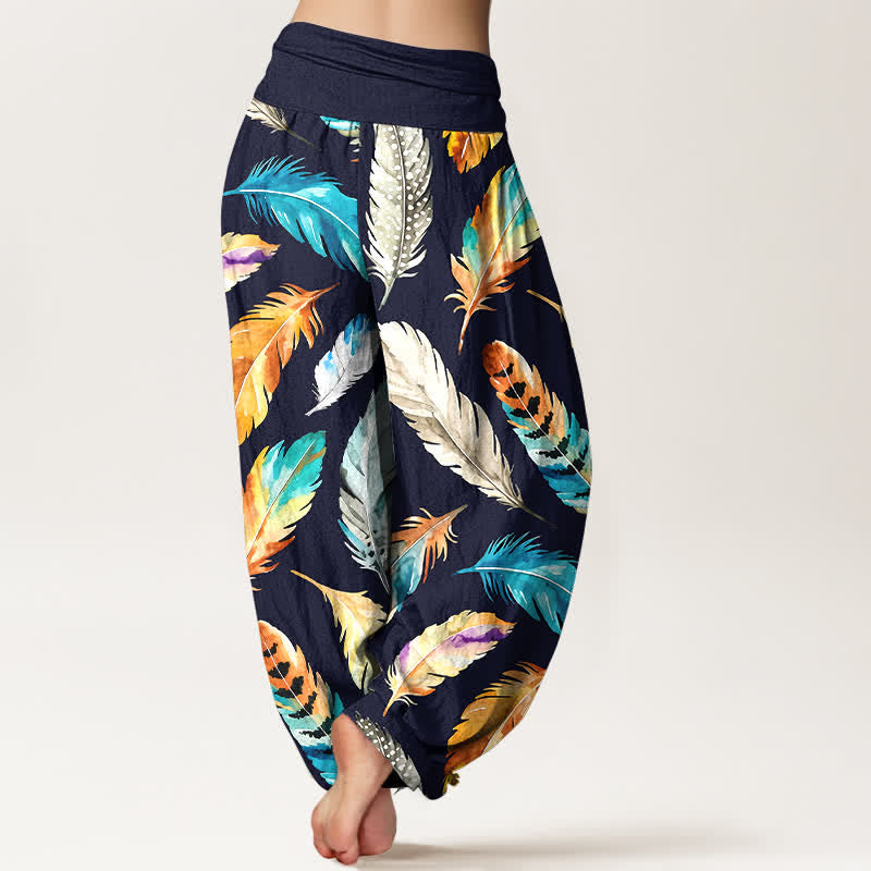 Buddha Stones Pantalon harem pour femme en pur coton à motif de plumes colorées et taille élastique - image 1